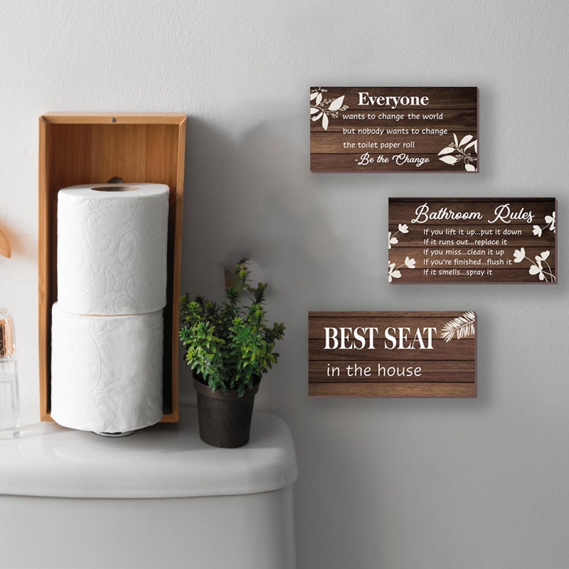 DONFENTHY 3 Pieces Brown Bathroom Decor Bathroom Rules Wall Art Brown Accessories Best Seat in The House Funny Rustic Farmhouse Wooden Sign for Toilet Wall Decor (10x5 Inch) - Image 5