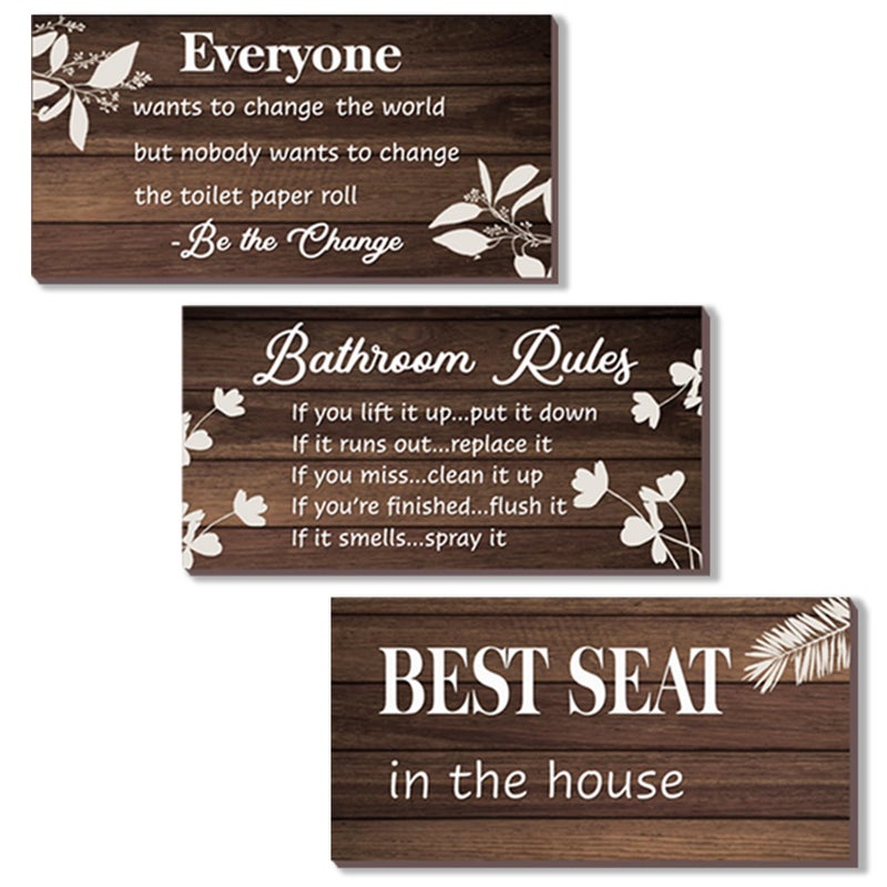 DONFENTHY 3 Pieces Brown Bathroom Decor Bathroom Rules Wall Art Brown Accessories Best Seat in The House Funny Rustic Farmhouse Wooden Sign for Toilet Wall Decor (10x5 Inch) - Image 1