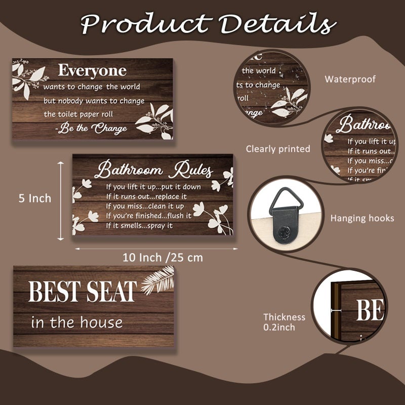 DONFENTHY 3 Pieces Brown Bathroom Decor Bathroom Rules Wall Art Brown Accessories Best Seat in The House Funny Rustic Farmhouse Wooden Sign for Toilet Wall Decor (10x5 Inch) - Image 4