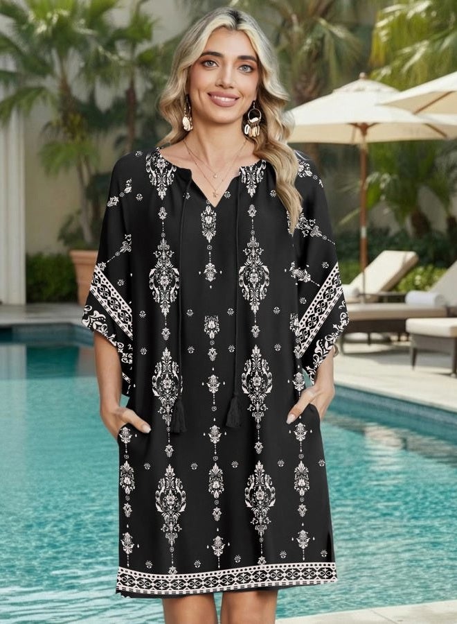 zeagoo Womens Casual Summer Dress Boho Beach Dresses Tassel Tie Neck 2026 Floral Cover Up Spring 3/4 Sleeve Mini Sundress, Black Apricot, M - Image 3