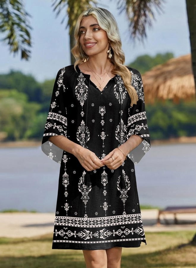 zeagoo Womens Casual Summer Dress Boho Beach Dresses Tassel Tie Neck 2026 Floral Cover Up Spring 3/4 Sleeve Mini Sundress, Black Apricot, M - Image 5