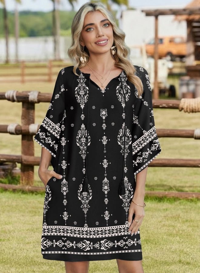 zeagoo Womens Casual Summer Dress Boho Beach Dresses Tassel Tie Neck 2026 Floral Cover Up Spring 3/4 Sleeve Mini Sundress, Black Apricot, M - Image 2