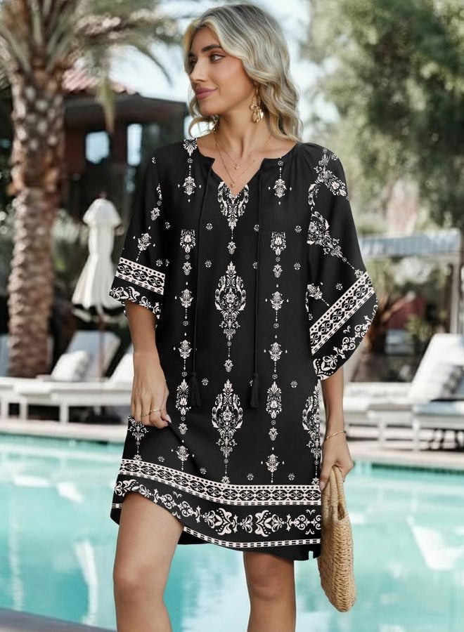 zeagoo Womens Casual Summer Dress Boho Beach Dresses Tassel Tie Neck 2026 Floral Cover Up Spring 3/4 Sleeve Mini Sundress, Black Apricot, M - Image 4