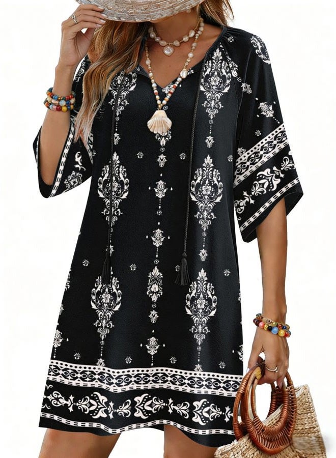 zeagoo Womens Casual Summer Dress Boho Beach Dresses Tassel Tie Neck 2026 Floral Cover Up Spring 3/4 Sleeve Mini Sundress, Black Apricot, M - Image 1