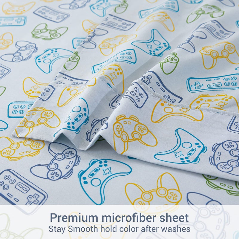 Viviland 3 Pieces Boys Grey Twin Sheet Set - Soft Microfiber Fitted Flat Sheets & Pillowcase - Game Player Paddle Printed Bedding Sets - for Kids & Toddlers - Image 4