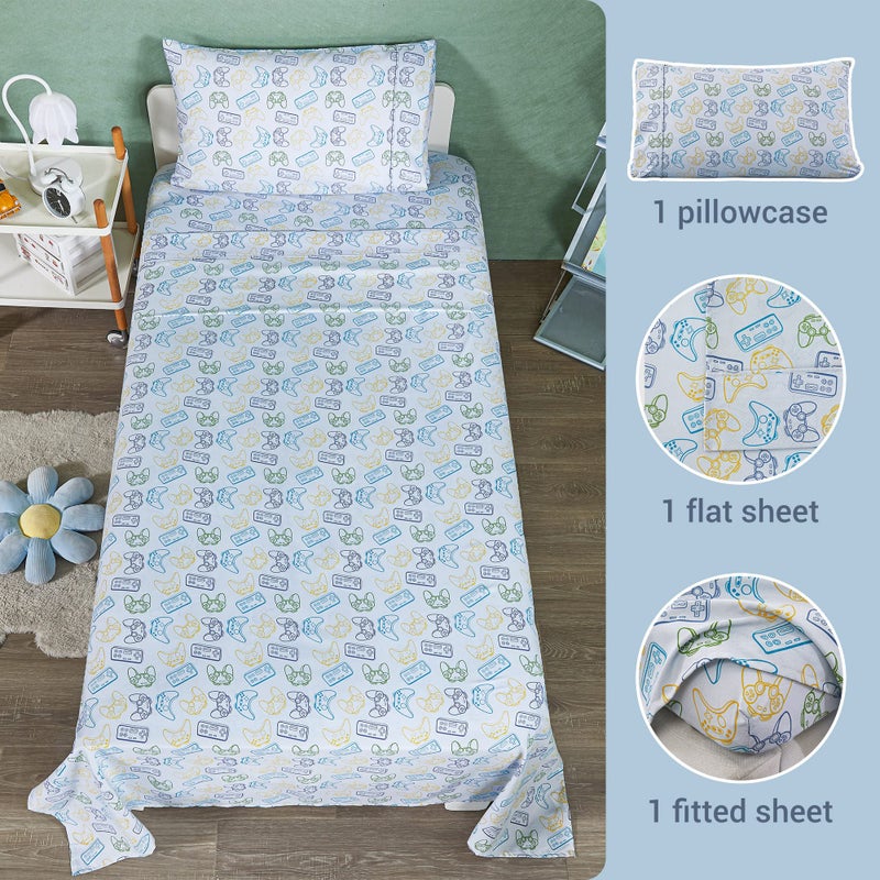 Viviland 3 Pieces Boys Grey Twin Sheet Set - Soft Microfiber Fitted Flat Sheets & Pillowcase - Game Player Paddle Printed Bedding Sets - for Kids & Toddlers - Image 3