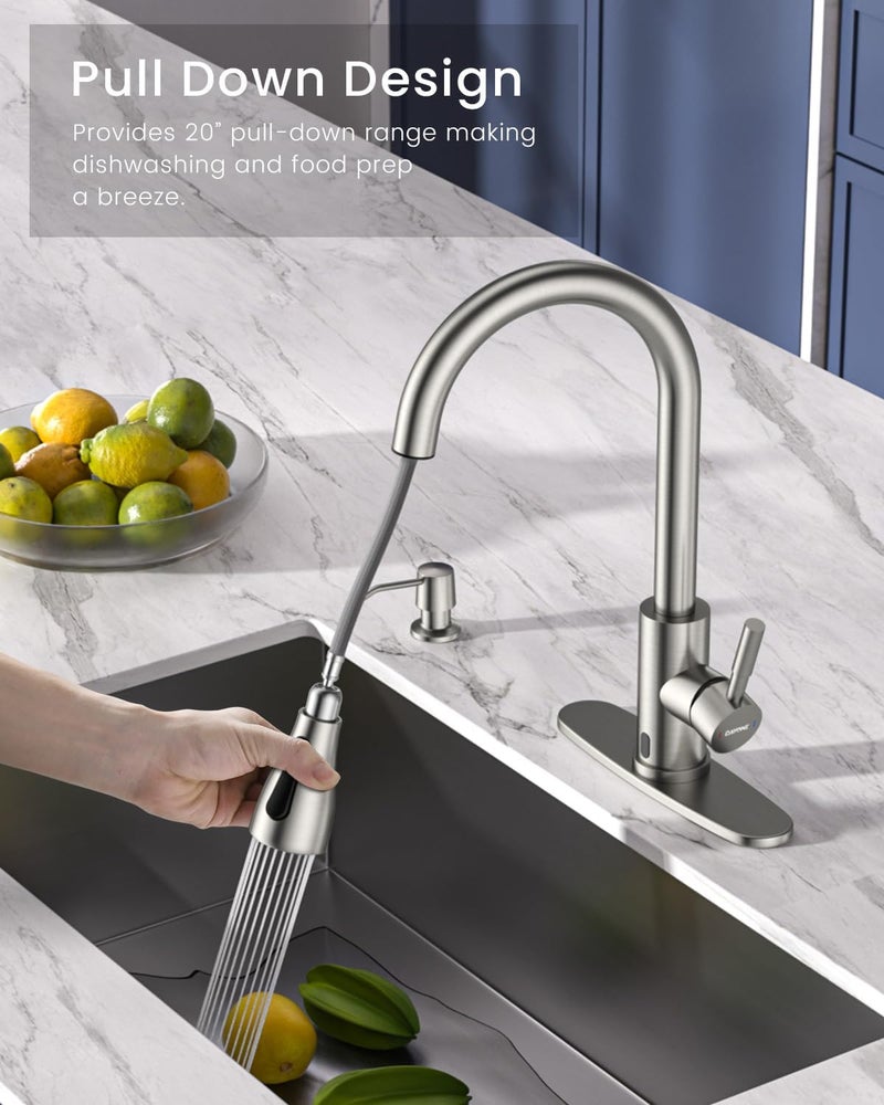 DAYONE Touchless Kitchen Sink Faucet with Soap Dispenser and Pull Down Sprayer, Stainless Steel High Arc Motion Sensor Touch Faucet for Kitchen Sink Smart Hands-Free Single Handle, Brushed Nickel - Image 2