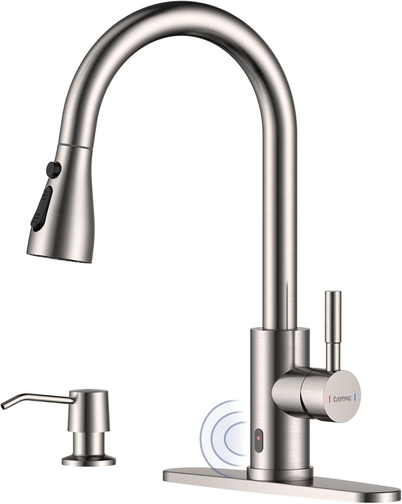 DAYONE Touchless Kitchen Sink Faucet with Soap Dispenser and Pull Down Sprayer, Stainless Steel High Arc Motion Sensor Touch Faucet for Kitchen Sink Smart Hands-Free Single Handle, Brushed Nickel - Image 1