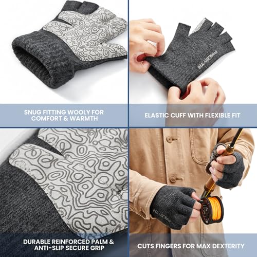Palmyth Wool Fingerless Fishing Gloves Warm for Men Women Cold Weather Fly Fishing Ice Fishing Photography Hunting Obsidian LXL - Image 3