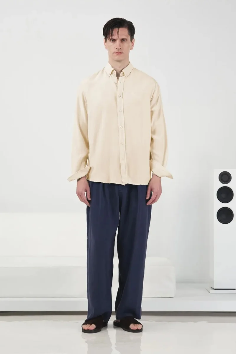 Giesto Beige Natural GIESTO Long Sleeve Buttoned Tencel Shirt for Men | Best Price UAE