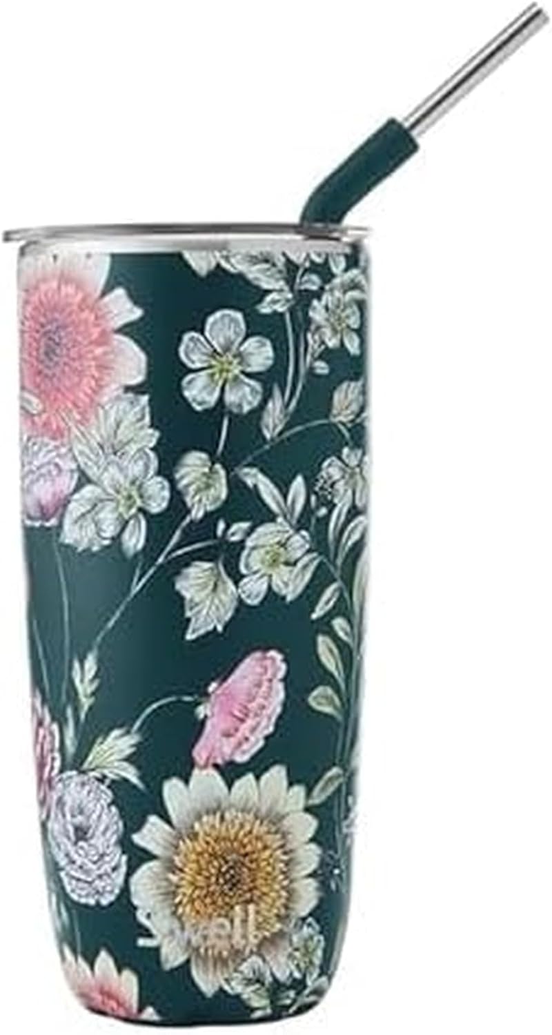 S'well Stainless Steel Tumbler with Straw and Slide-Open Lid, 24oz, Midnight Botanical Triple Layered Vacuum Insulated Containers Keeps Drinks Cold for 18 Hours and Hot for 5, BPA Free - Image 1