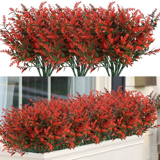 24 Bundles Outdoor Artificial Lavender Fake Flowers UV Resistant Shrubs No Fade Faux Plastic Greenery for Hanging Plants Garden Porch Window Box Home Wedding Farmhouse Decor Orange Red