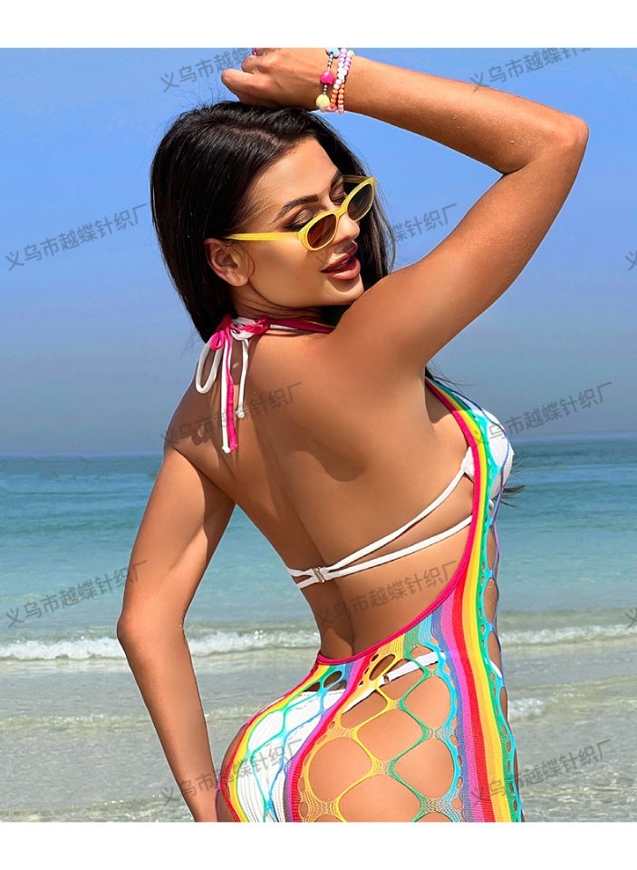 جمبسوت هالتر نك بشبكة سمك قوس قزح، مقاس واحد، ملابس سباحة شفافة للشاطئ - Image 1