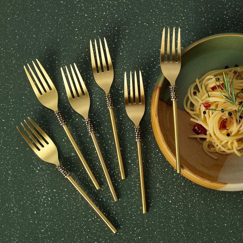 Ellementry Masai Table Fork Set of 6 Color Gold Brass Kitchenware VersatileFork Set Decor Handcrafted Sustainable Food Safe Gifting - Image 1