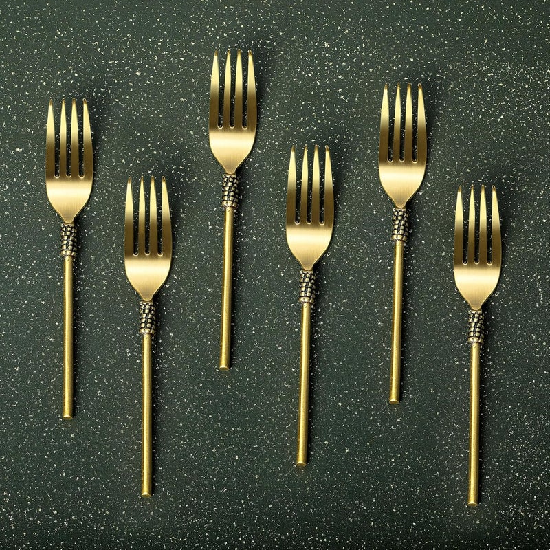 Ellementry Masai Table Fork Set of 6 Color Gold Brass Kitchenware VersatileFork Set Decor Handcrafted Sustainable Food Safe Gifting - Image 3