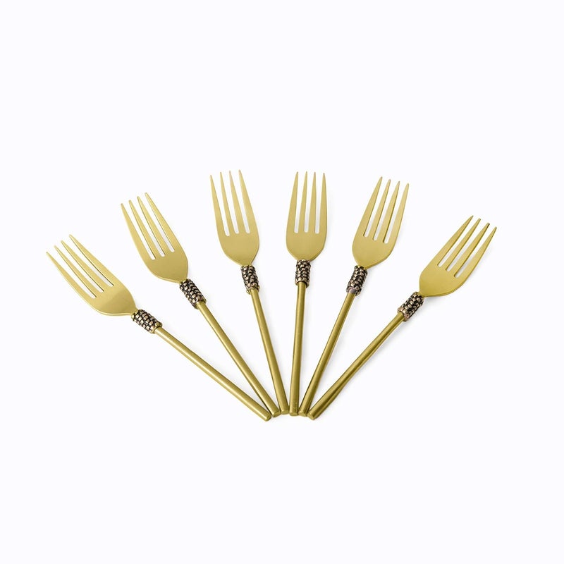 Ellementry Masai Table Fork Set of 6 Color Gold Brass Kitchenware VersatileFork Set Decor Handcrafted Sustainable Food Safe Gifting - Image 4