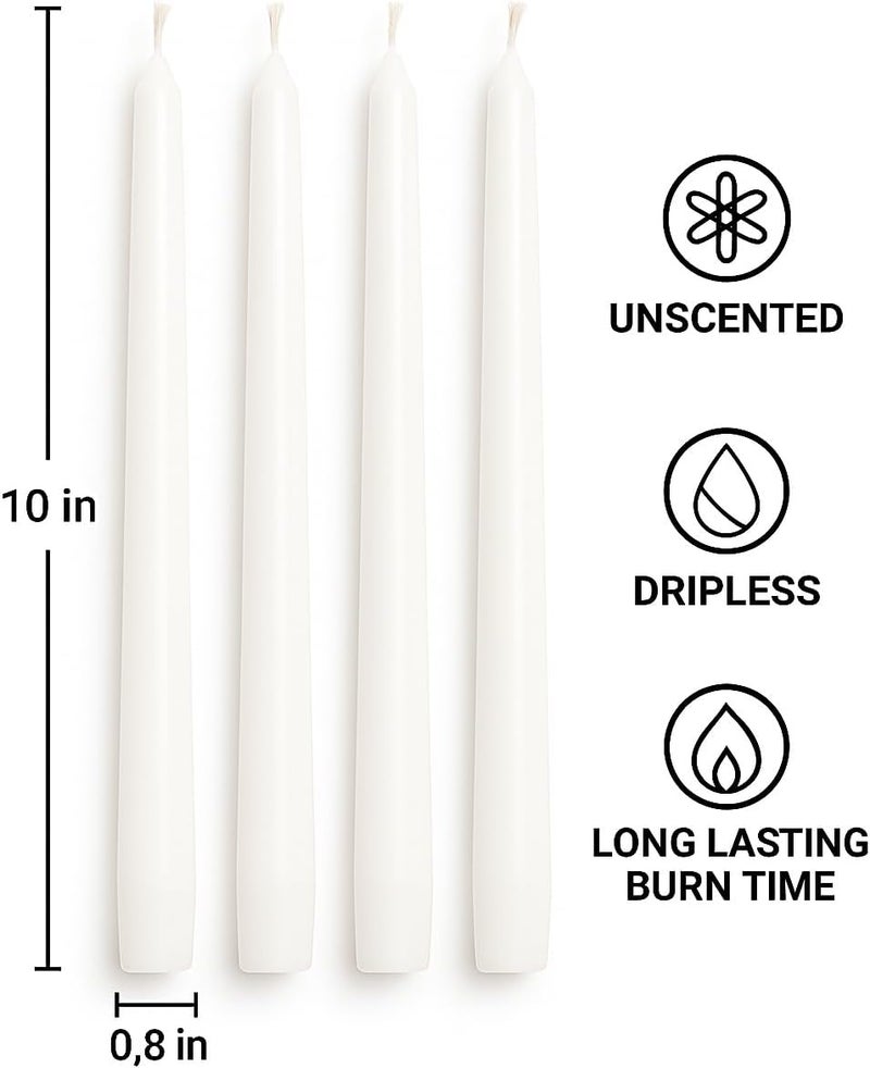 Dinil White Taper Candles – 10 Inch Tapered Candles Set of 4 – Unscented Taper Candles – Decorative Long Candlesticks for Decoration, Festival, Dinner, Party – Long Burning Time – White - Image 2
