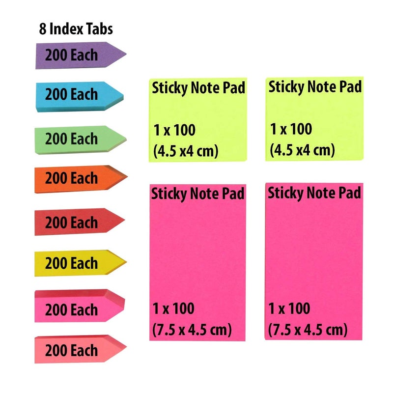 Pinzo Sticky Note Memo Pad With 8 Index Tabs, Bright Neon Colors - Image 2