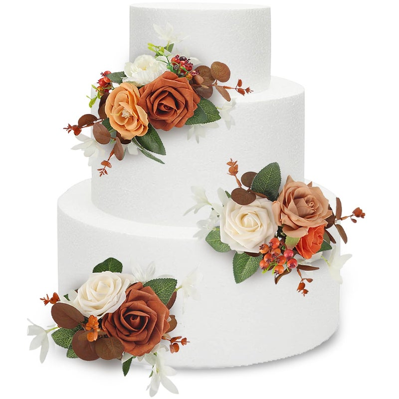 Rinlong 3Pcs Cake Topper Set Artificial Flowers for Cake Decor Burnt Orange Fall Wedding Cake Decorating Flowers for Baby Shower Birthday Party - Image 2