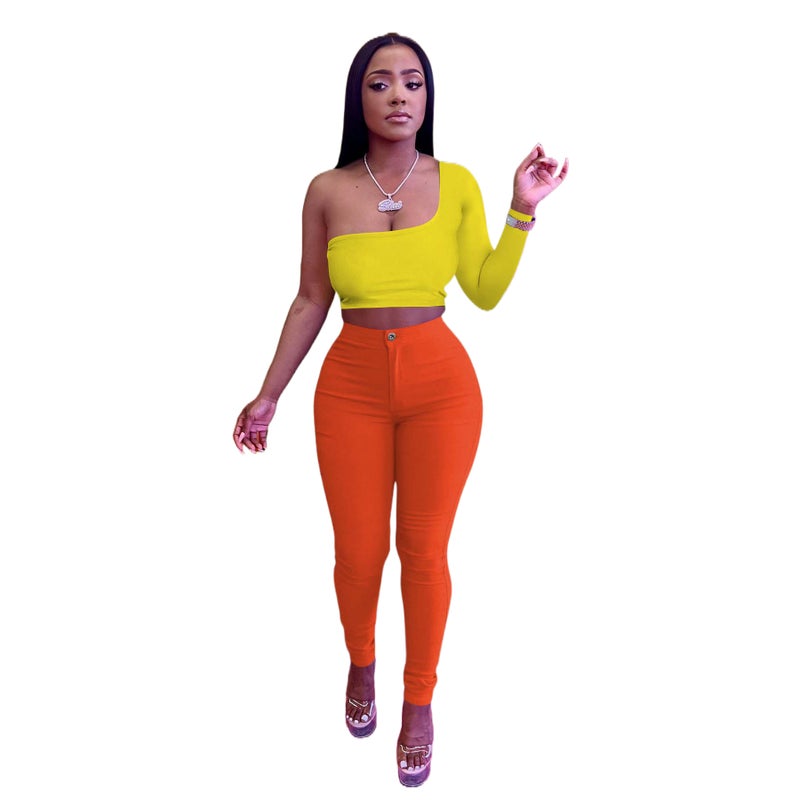 Yd8644 -C2 Fashion Contrasting Color Asymmetrical Top Two-Piece Set - Image 1
