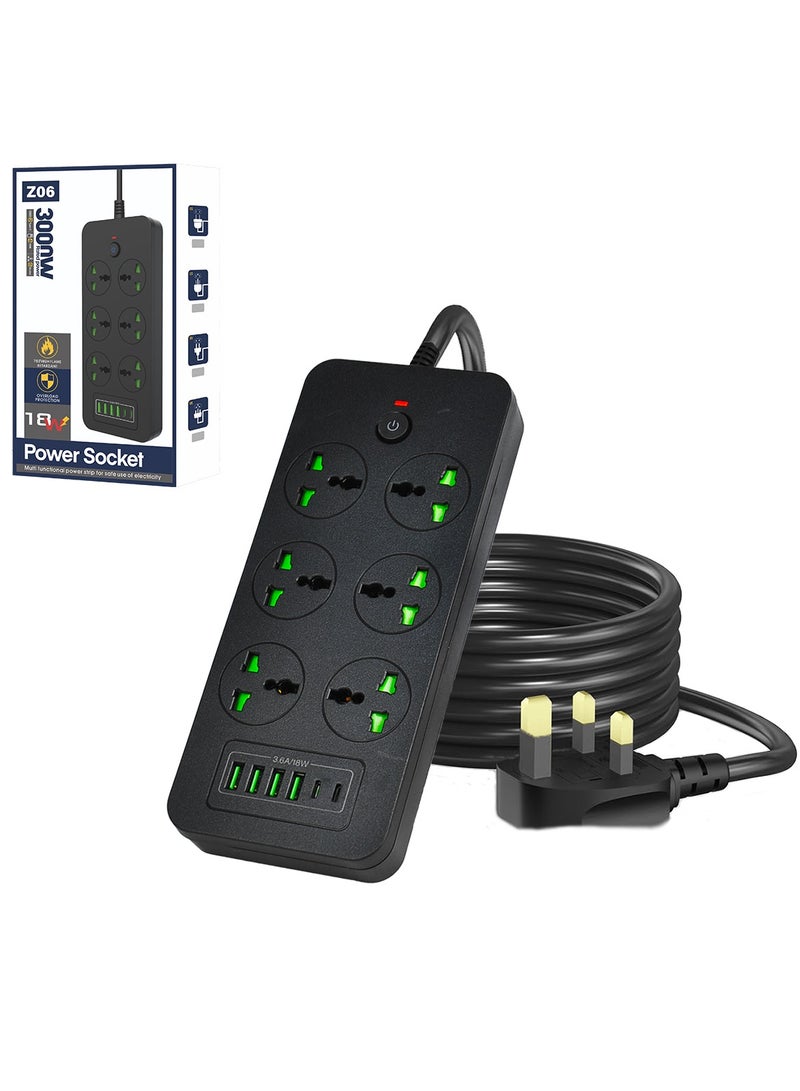 سكاي فيو قطاع الطاقة الواقي من زيادة التيار - سلك تمديد مسطح مع 6 منافذ و4 منافذ USB ومنفذين من النوع C، سلك طاقة 2 متر (3000 وات/16 أمبير/110 فولت-265 فولت)، مادة مثبطة للهب من البولي كربونات، قلب نحاسي نقي - Image 1