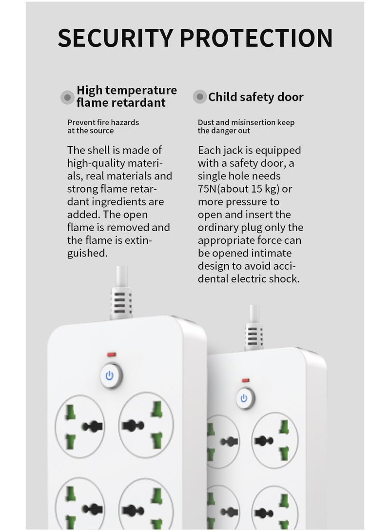 سكاي فيو قطاع الطاقة الواقي من زيادة التيار - سلك تمديد مسطح مع 6 منافذ و4 منافذ USB ومنفذين من النوع C، سلك طاقة 2 متر (3000 وات/16 أمبير/110 فولت-265 فولت)، مادة مثبطة للهب من البولي كربونات، قلب نحاسي نقي - Image 4