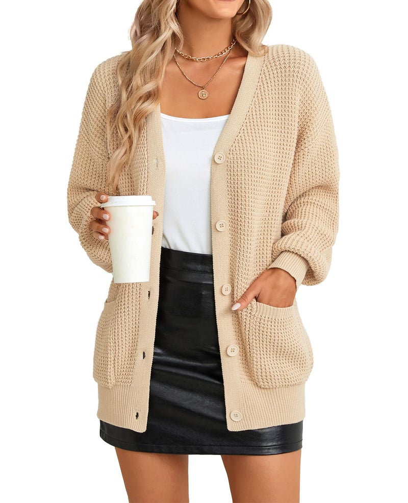 QUALFORT Cardigan Sweaters for Women 100% Cotton Button-Down Oversized Knit Cardigans with Pockets for Fall Winter Trendy Beige Large - Image 1
