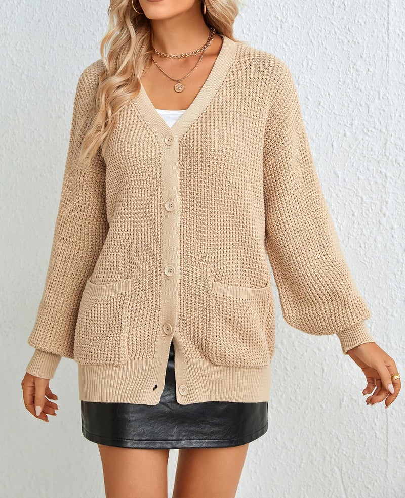 QUALFORT Cardigan Sweaters for Women 100% Cotton Button-Down Oversized Knit Cardigans with Pockets for Fall Winter Trendy Beige Large - Image 4