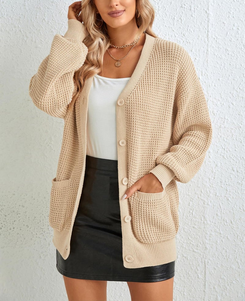 QUALFORT Cardigan Sweaters for Women 100% Cotton Button-Down Oversized Knit Cardigans with Pockets for Fall Winter Trendy Beige Large - Image 3