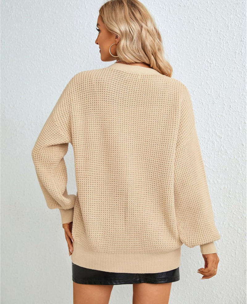 QUALFORT Cardigan Sweaters for Women 100% Cotton Button-Down Oversized Knit Cardigans with Pockets for Fall Winter Trendy Beige Large - Image 2