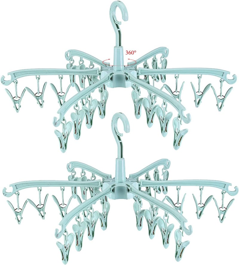BONYCUST Foldable Drying Rack with 24 Clips for Drying Socks Lingerie Baby Clothes Drying Towels Rotatable Sock Drying Rack 2pcs (Green) - Image 1