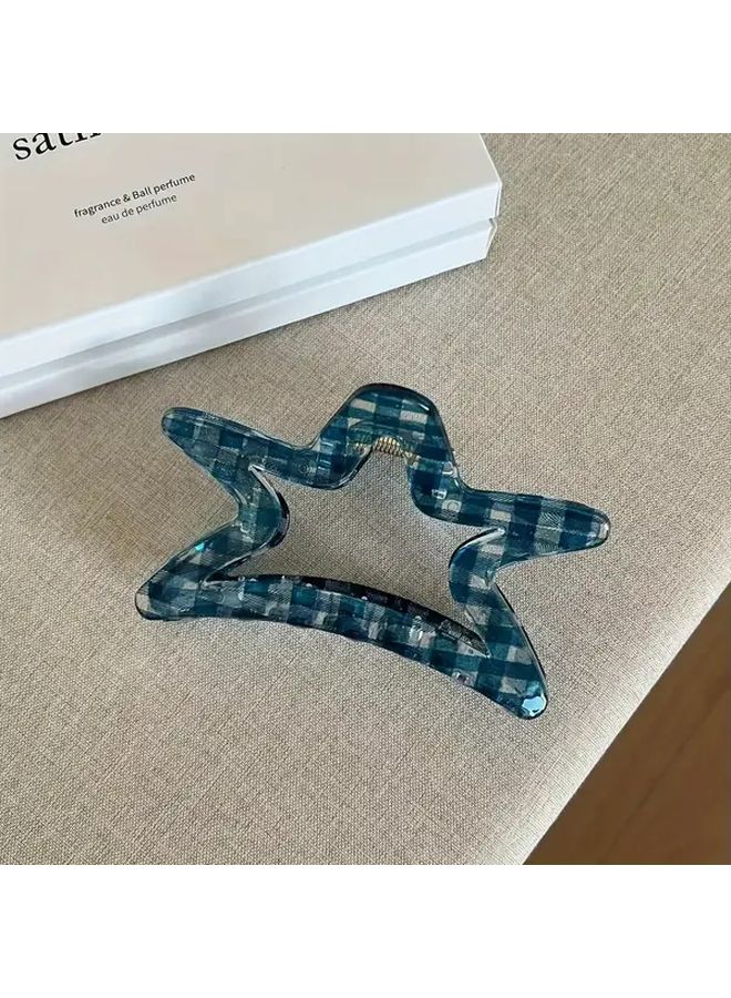 Blue Plaid Star Hair Clips For Women Durable Plastic Hairpins Secure Hold For Thick Hair - Image 3