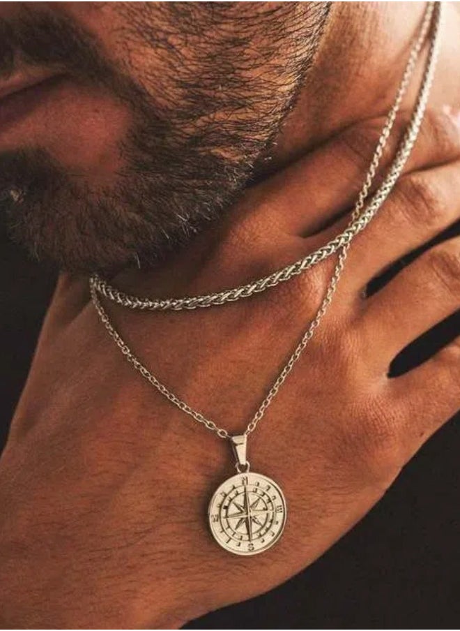 Metallic Compass Pendant Double Layer Necklace. Titanium Steel Electroplated Color Preserving Keel Chain for Men 【silver】  - Image 1