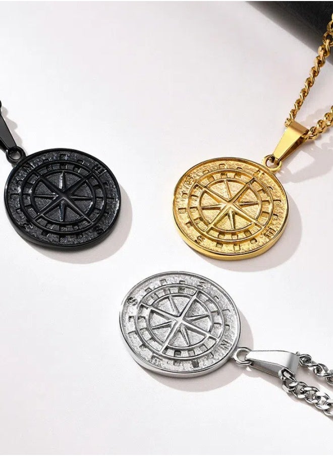 Metallic Compass Pendant Double Layer Necklace. Titanium Steel Electroplated Color Preserving Keel Chain for Men 【silver】  - Image 3