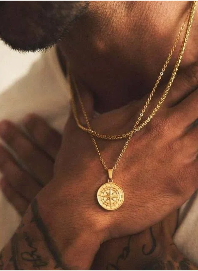 Metallic Compass Pendant Double Layer Necklace. Titanium Steel Electroplated Color Preserving Keel Chain for Men 【silver】  - Image 2