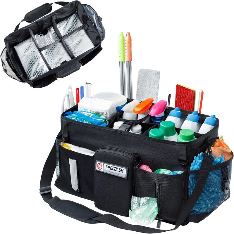 FRECOLSH Large Cleaning Supplies Organizer-Cleaning Caddy Organizer With Handles & Shoulder Strap-Cleaning Bags for Cleaning Suppliers-Housekeepers Wearable Cleaning Tote Upgraded Black - Image 1
