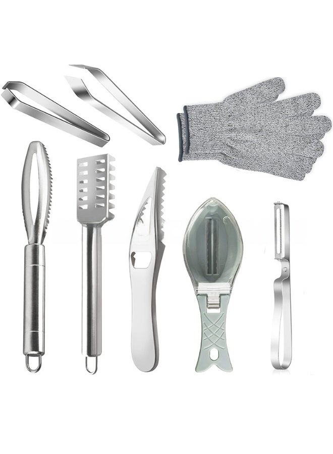 8-Piece Stainless Steel Fish Preparation Kitchen Tool Set with Cut-Resistant Glove - Image 1