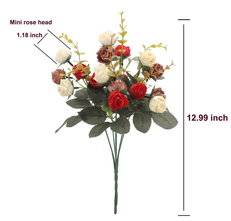 Duovlo 7 Branch 21 Heads Artificial Flowers Bouquet Mini Rose Wedding Home Office Decor,Pack of 4 (Red) - Image 2