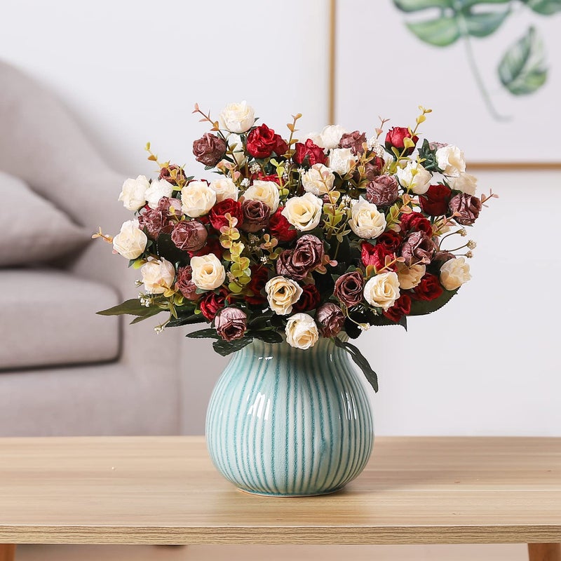 Duovlo 7 Branch 21 Heads Artificial Flowers Bouquet Mini Rose Wedding Home Office Decor,Pack of 4 (Red) - Image 5