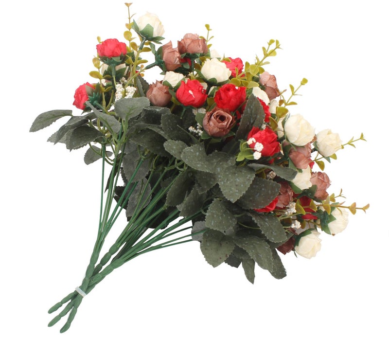 Duovlo 7 Branch 21 Heads Artificial Flowers Bouquet Mini Rose Wedding Home Office Decor,Pack of 4 (Red) - Image 3