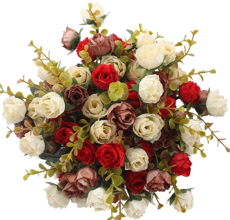 Duovlo 7 Branch 21 Heads Artificial Flowers Bouquet Mini Rose Wedding Home Office Decor,Pack of 4 (Red) - Image 1