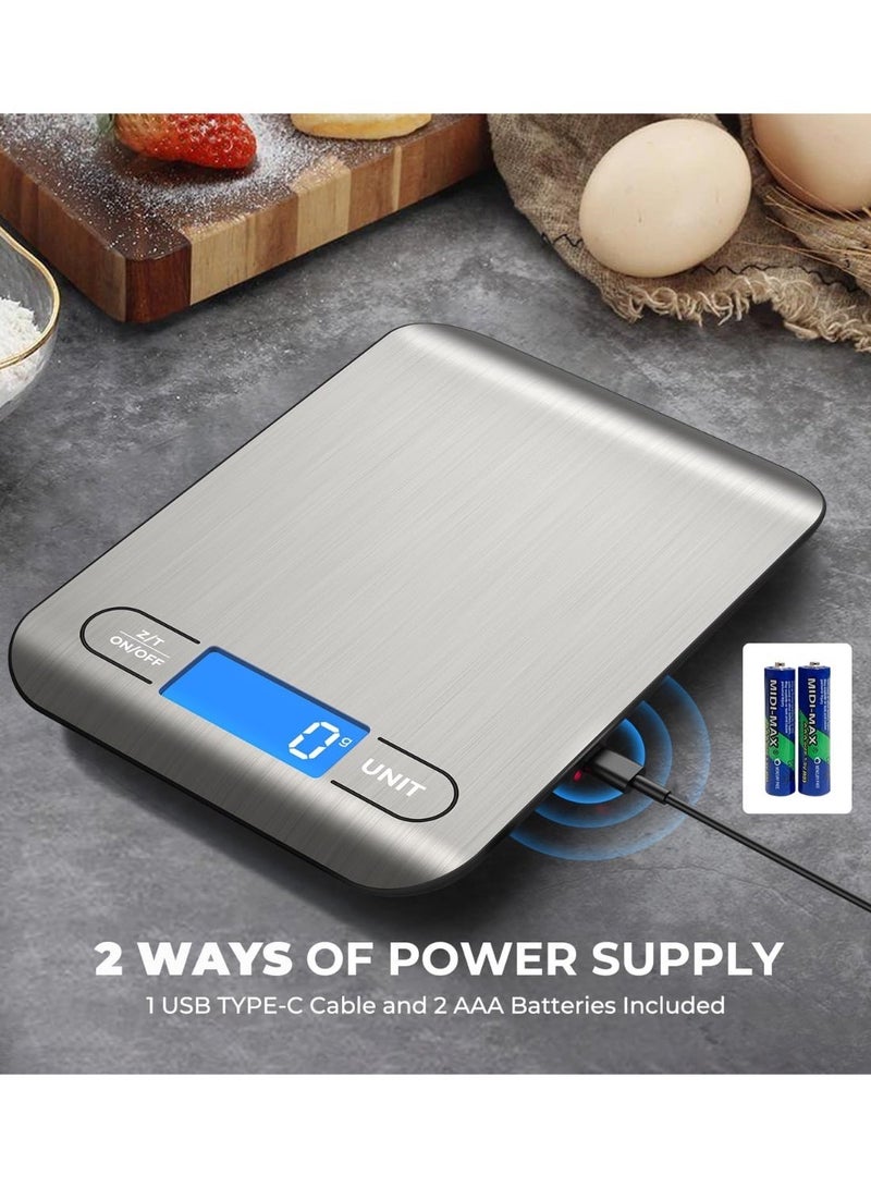 SPiTZE Digital Food Scale Batteries and Type-C Charging, 22lb/10kg Digital Kitchen Scale Weight in Grams and Ounces for Cooking Baking, 1g/0.1oz Precise Graduation, Tare Function, LCD Display (Silver) - Image 2
