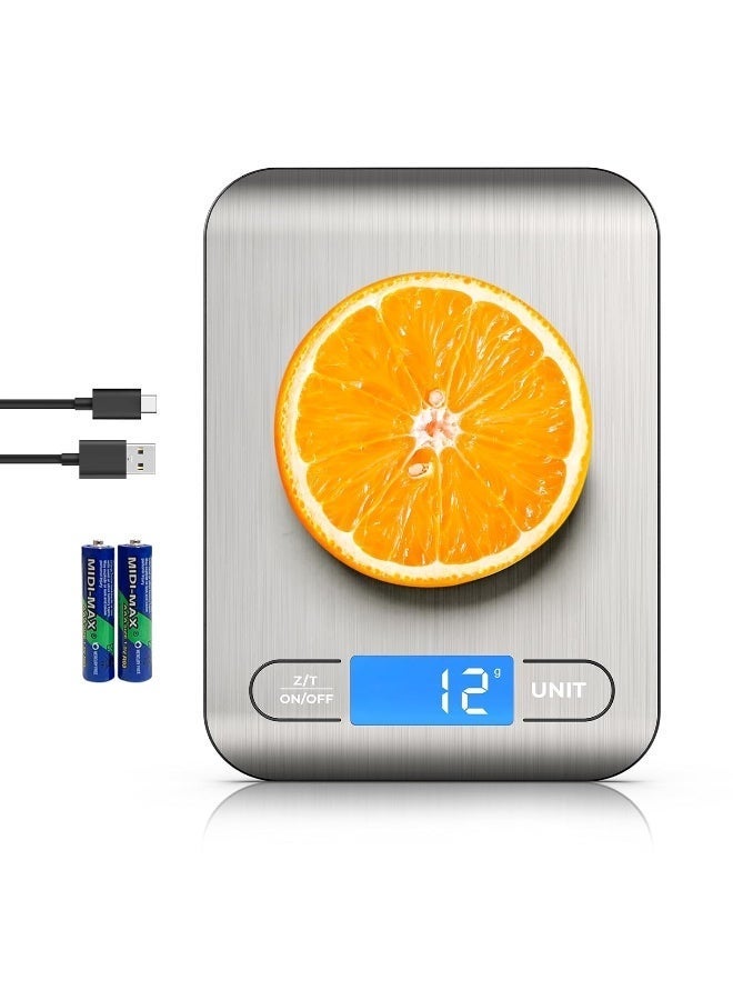 SPiTZE Digital Food Scale Batteries and Type-C Charging, 22lb/10kg Digital Kitchen Scale Weight in Grams and Ounces for Cooking Baking, 1g/0.1oz Precise Graduation, Tare Function, LCD Display (Silver) - Image 1