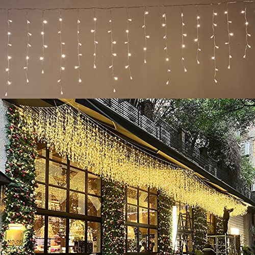 LOFTOLMEA LED Ceiling Icicle Lights 13FT 96 LEDs 8 Modes Twinkle Christmas Hanging Fairy String Curtain Lights for Parties Mall Patio Yard Indoor Outdoor Decoration Warm White 4M - Image 1