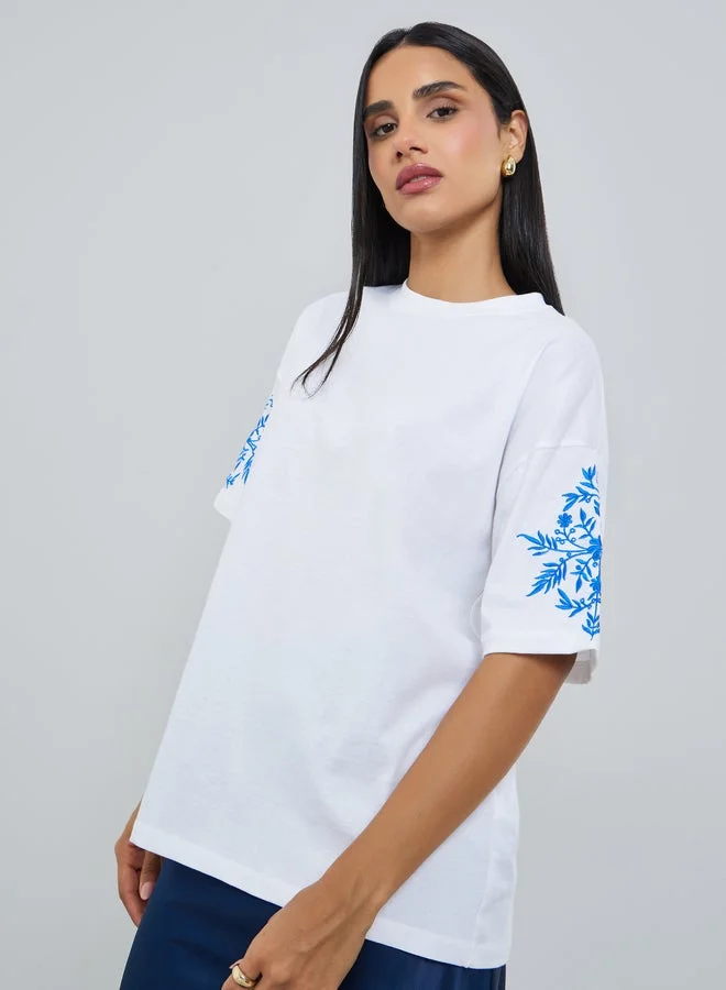 Styli White Embroidered Sleeve 100% Cotton Oversized T-Shirt