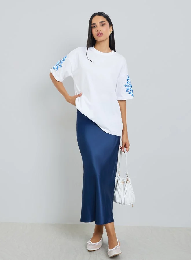 Styli White Embroidered Sleeve 100% Cotton Oversized T-Shirt