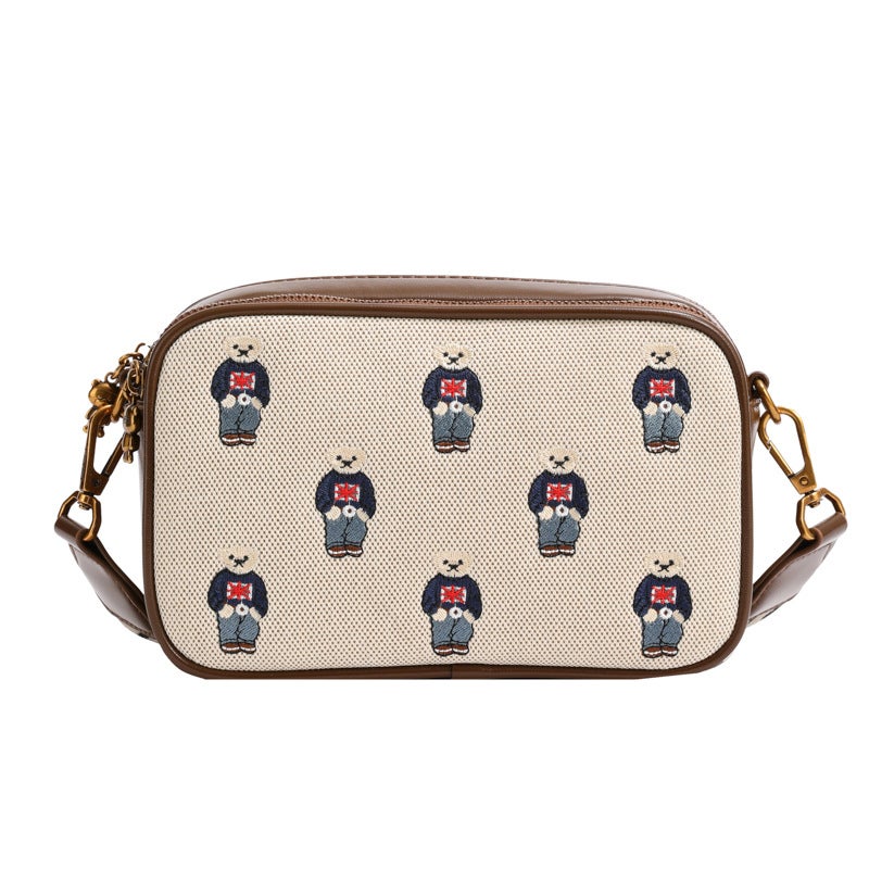 Genuine Embroidered Canvas Leather Womens Satchel 2023 Blue sweater bear