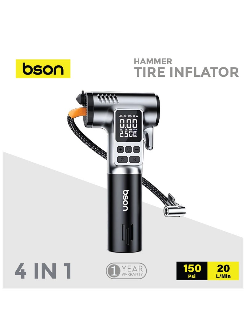 BSON Hammer 4-in-1 Portable Tire Inflator with 150 PSI Air Pump, Type-C Charging, LED Flashlight, Seat Belt Cutter & Glass Breaker - Compact Emergency Tool for Car, Bike & Outdoor Use  - Image 2