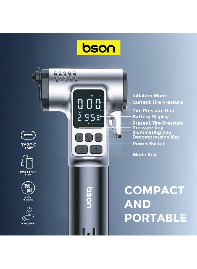 BSON Hammer 4-in-1 Portable Tire Inflator with 150 PSI Air Pump, Type-C Charging, LED Flashlight, Seat Belt Cutter & Glass Breaker - Compact Emergency Tool for Car, Bike & Outdoor Use  - Image 3