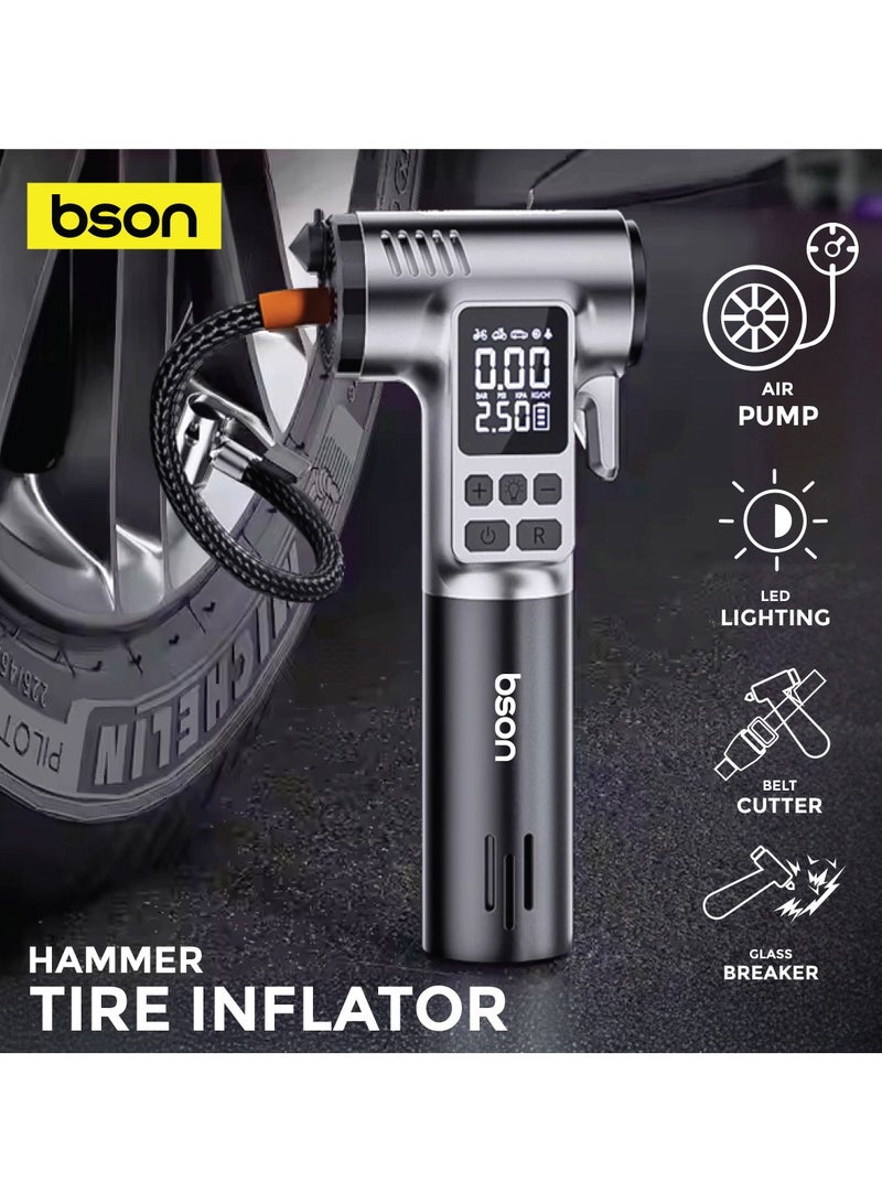 BSON Hammer 4-in-1 Portable Tire Inflator with 150 PSI Air Pump, Type-C Charging, LED Flashlight, Seat Belt Cutter & Glass Breaker - Compact Emergency Tool for Car, Bike & Outdoor Use  - Image 5